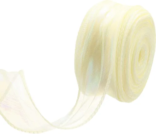 Vista 32 de MECCANIXITY - Cinta de organza con cable de 1 1/2" de ancho, brillante, transparente, con brillo irisado en tonos pastel, cinta de gasa para Beige