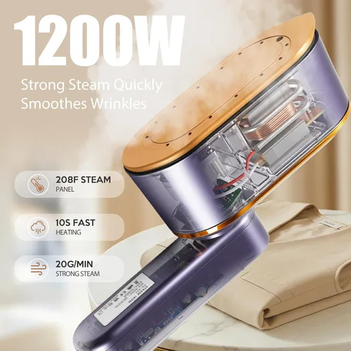 Vista 3 de Vaporizador portátil de viaje para ropa de 1200 W, potente vaporizador y plancha 2 en 1, calor rápido de 10 segundos, 4 modos con pantalla LED