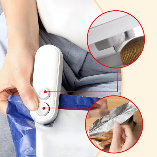 Vista 2 de Mini sellador de bolsas, sellador y cortador de bolsas 2 en 1 portátil 2025, mini máquina selladora recargable con imán para aperitivos, papas