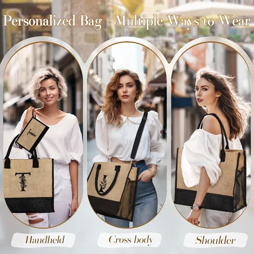 Vista 3 de AUNOOL Initial Tote Bag and Makeup Bag Canvas Beach Bag Personalized Birthday Gifts Bridesmaid Gifts