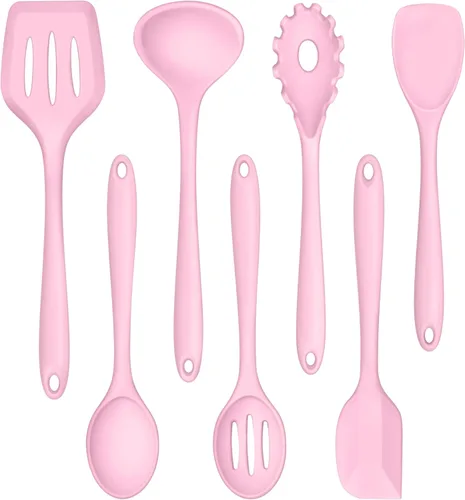 Vista 10 de TeamFar Juego de 7 utensilios de cocina de silicona, herramientas antiadherentes de cocina negras, espátula, cucharón, servidor de pasta