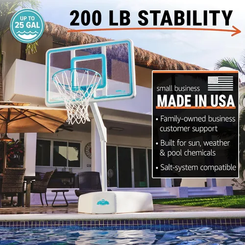 Vista 3 de Dunn-Rite Splash & Shoot, aro de baloncesto ajustable para piscina al aire libre con altura variable, pelota, base y borde de acero inoxidable de 18
