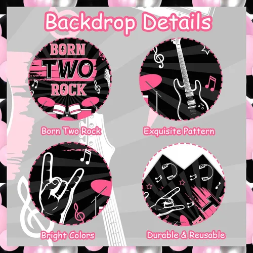 Vista 7 de 77 piezas de decoraciones de cumpleaños Born Two Rock para niñas, decoración de fiesta de segundo cumpleaños de Rock and Roll, telón de fondo de Rosa