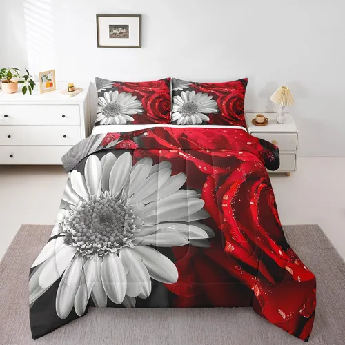 Vista 13 de Juego de edredón de rosas rojas, tamaño individual, juego de ropa de cama floral rojo degradado negro para niñas, mujeres, niños, adolescentes