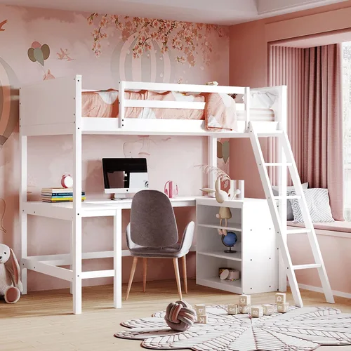 Vista 10 de Harper & Bright Designs Cama tipo loft individual con escritorio y 3 estantes, marco de cama tipo loft de madera maciza con escalera en ángulo