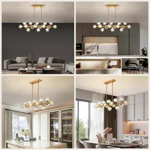 Vista 8 de Candelabro rectangular moderno con 16 luces, lámpara de techo colgante dorada, pantallas de cristal transparente, candelabros dorados para comedor