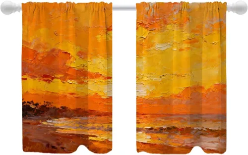Vista 7 de Shrahala Beach Scenery Blackout Curtain Tiers, Coastal Landscape Kitchen Valance Light Blocking Tier Drapes with Rod Pocket, 2 Pack 26 X 24 in Blue1