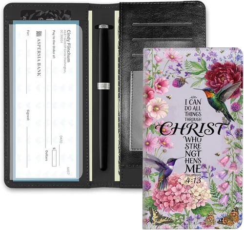 Vista 19 de RFID Blocking Checkbook Cover for Women & Men, Premium PU Leather Print Wallet for Duplicate Checks, Slim Organizer with Pen Holder, Credit Card