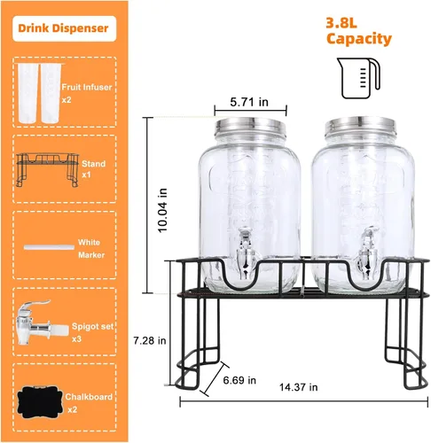 Vista 2 de Dispensadores de bebidas de vidrio de 1 galón para fiestas, juego de 2, dispensador de bebidas con infusor y soporte de frutas, dispensador de jugo