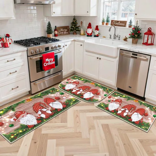 Vista 4 de Juego de 3 tapetes de cocina de Feliz Navidad, alfombras antideslizantes de cocina para invierno y fiestas navideñas Xmas, alfombra cómoda