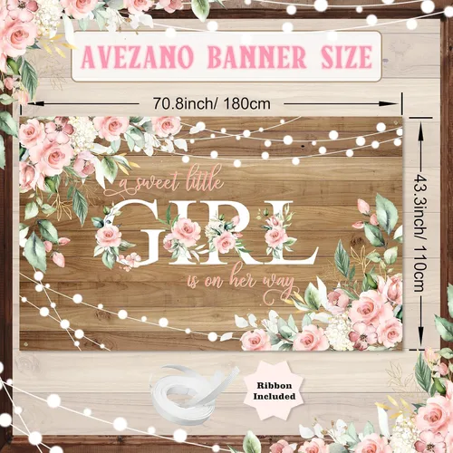 Vista 2 de Avezano Cartel rústico para baby shower con texto en inglés "A Sweet Little Girl is on Her Way", decoración de fiesta de baby shower, pancarta