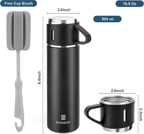Vista 2 de Termo de acero inoxidable 500ml/16.9oz botella aislada al vacío con taza para café, bebidas calientes y bebidas frías, cantimplora de agua.