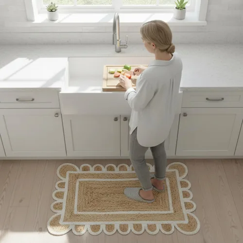 Vista 4 de Alfombra festoneada de yute natural, base natural con ribete blanco hueso, alfombra bohemia de granja hecha a mano con respaldo antideslizante
