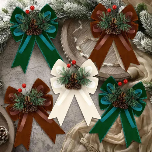 Vista 12 de Syhood - 6 lazos de Navidad a cuadros con piñas de pino, cintas de terciopelo negro, para corona de árbol de Navidad, decoración de fiestas