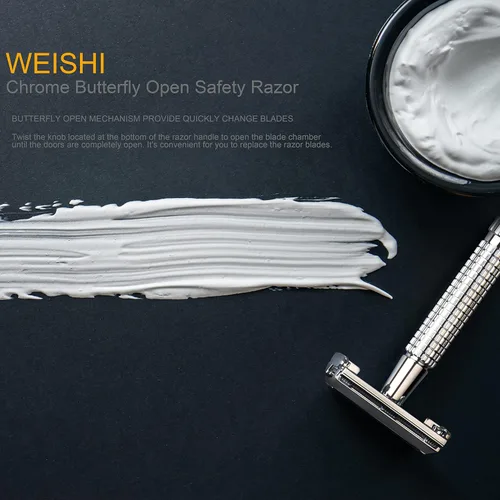 Vista 5 de WEISHI rasuradora con mango largo cromado, apertura tipo mariposa, borde doble, segura