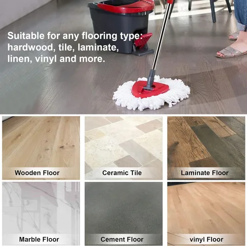 Vista 4 de Cabezal de repuesto para trapeador giratorio con 1 base giratoria y 1 mango. Recambios de fregona EasyWring compatibles con SpinMop triangular