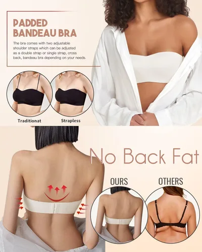 Vista 3 de WOWENY Sujetadores sin tirantes para mujer, brasier sin varillas, brasier de silicona antideslizante, sin costuras, acolchado, cómodo tubo superior
