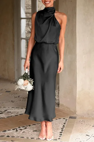 Vista 2 de PRETTYGARDEN Vestido de satén de verano 2024 para mujer, elegante, sin mangas, con cuello alto falso, para cóctel, fiesta, maxi vestidos