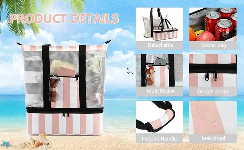 Vista 4 de Bluboon Bolsa de playa de malla con enfriador aislante, bolsas de piscina desmontables para mujer