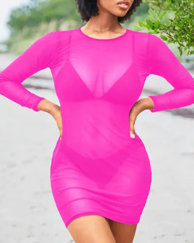 Vista 4 de Daci Traje de baño sexy de malla transparente para mujer con manga larga, vestido de playa estilo bodycon