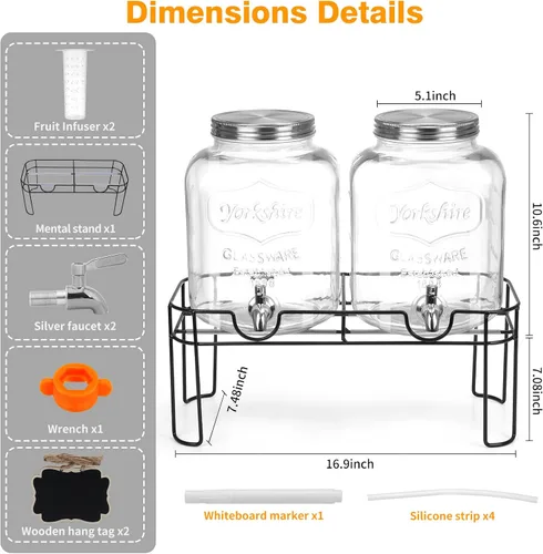 Vista 2 de Dispensador de bebidas de vidrio de 1.6 galones, 2 piezas dispensador de bebidas con soporte, dispensador de limonada con grifo de acero inoxidable