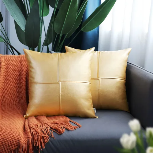 Vista 2 de BRAWARM Fundas de almohada de cuero sintético de 20 x 20 pulgadas, juego de 2 fundas de almohada de cuero dorado, fundas de almohada de cuero