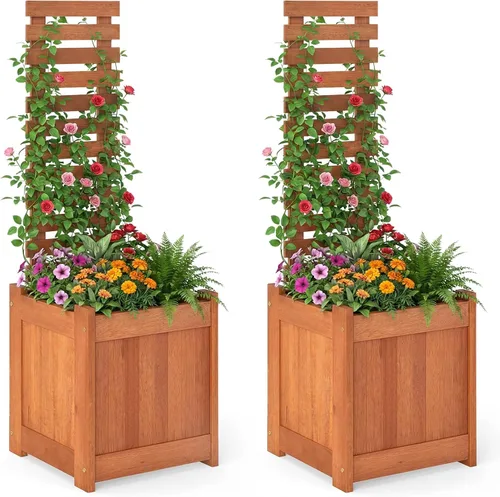 Vista 14 de Giantex Cama de jardín elevada de madera con enrejado, maceta para exteriores con base abierta para plantas trepadoras, profundidad de plantación