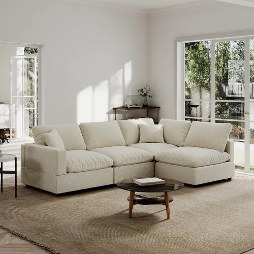 Vista 31 de Sofá seccional moderno de lino en forma de L para sala de estar, sofás modulares con relleno de plumón, fundas de cojín de sofá desmontables, sofá