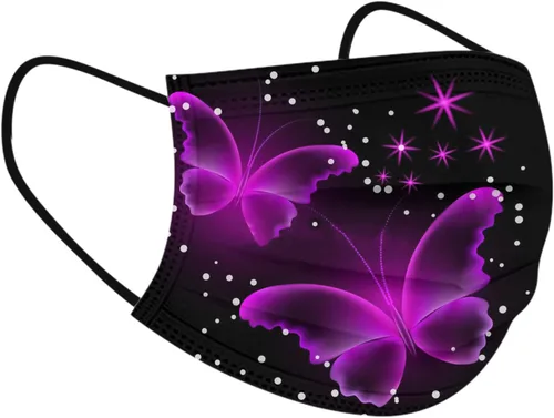 Vista 5 de Paquete de 50 mascarillas desechables para adultos y mujeres, diseño de mariposas, para el cuidado de la piel, transpirable, filtro de 3 capas