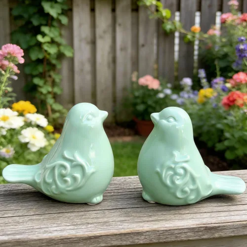 Vista 5 de Estatuas decorativas de pájaro de cerámica, 2 piezas, para decoración del jardín del hogar (azul)