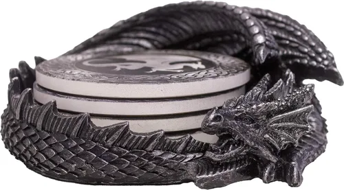 Vista 2 de DWK Posavasos decorativos con figura de dragón - Protege y sirve adorno - Accesorios góticos para el hogar - Diseño de estatua de fantasía - 6.5 in
