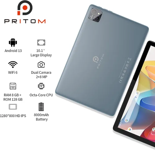 Vista 2 de PRITOM TAB11 Tablet Android de 10 pulgadas, Octa-Core, 128GB, WiFi6, pantalla HD IPS, cámara dual, Bluetooth, FM, USB C, tableta con funda
