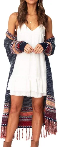 Vista 5 de FERBIA - Suéter tipo cárdigan bohemio para mujer largo abierto al frente tejido con borlas y flequillos estilo tribal