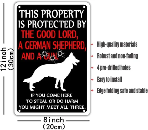 Vista 2 de Letrero de Metal Cuidado con el Perro - Letreros de Advertencia Divertidos para Propiedad Protegida por Pastores Alemanes - Letrero de Hojalata