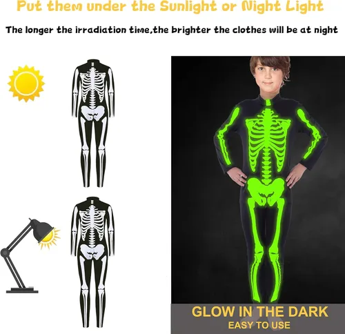Vista 4 de ALUWU Disfraz de esqueleto de Halloween para niños y niñas, estampado 3D, overol genial para niños, cosplay que brilla en la oscuridad, talla 7 a 8