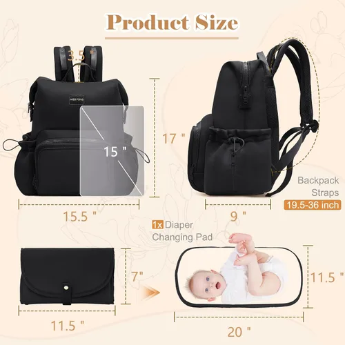 Vista 6 de miss fong Mochila para pañales – Bolsa de pañales para bebé, bolsa de neopreno, mochila de neopreno de gran capacidad con cambiador de pañales