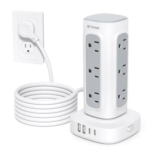 Vista 10 de TROND Torre de Regleta de Alimentación Retráctil – Regleta protectora de sobretensiones de enchufe plano con USB C PD de 20 W, cable de extensión