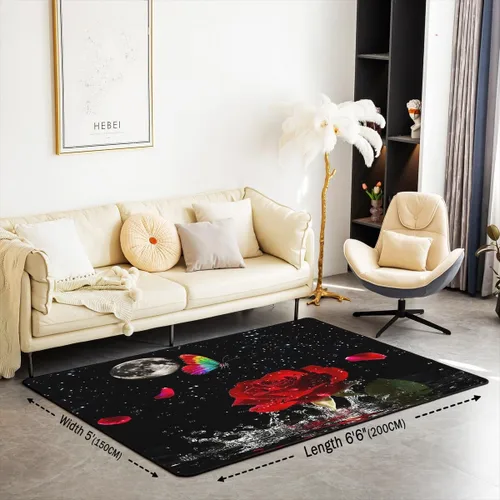Vista 2 de Feelyou Alfombra de área con diseño de rosas de 3 x 5 para niños, con flores de Buterfly y luna, alfombra decorativa para dormitorio, niños, niñas
