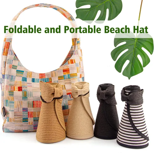 Vista 5 de MAYLISACC Viseras solares plegables de paja para mujer, protección solar de ala ancha, sombrero de playa ajustable en topless