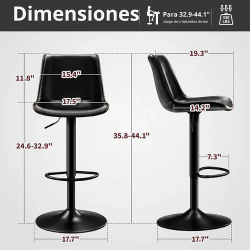 Vista 2 de STOOLINK Taburete de Bar Moderno Extra Grande con Asiento de Cuero de Microfibra - Altura Ajustable, Ergonómico de Servicio Pesado, Conjunto de Negro