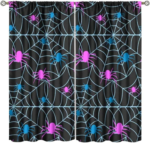 Vista 35 de Cortinas opacas de tela de araña aterradora para niños, tela de araña en blanco y negro, fondo rojo, dormitorio de niños, guardería, decoración