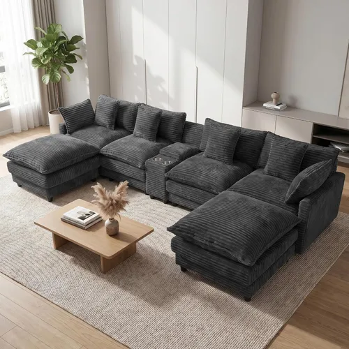 Vista 15 de Sofá modular en forma de U de 143 pulgadas para sala de estar, sofá modular de gran tamaño, sofás seccionales modernos, asiento profundo de pana