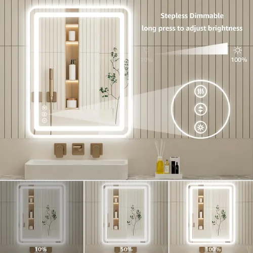 Vista 3 de Espejo de baño LED de 20 pulgadas de largo x 28 pulgadas de ancho con luces, antiniebla e iluminación tricolor, espejo de afeitado montado