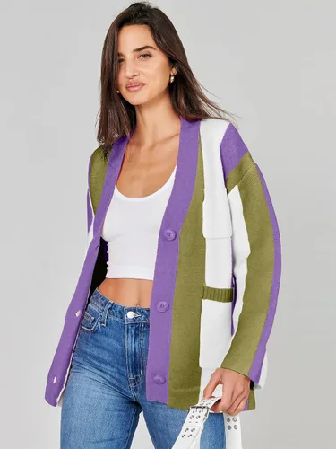 Vista 4 de ANRABESS Cárdigan de punto trenzado para mujer, manga larga, frente abierto, bloque de color, estilo bohemio, a rayas, abrigos para exteriores