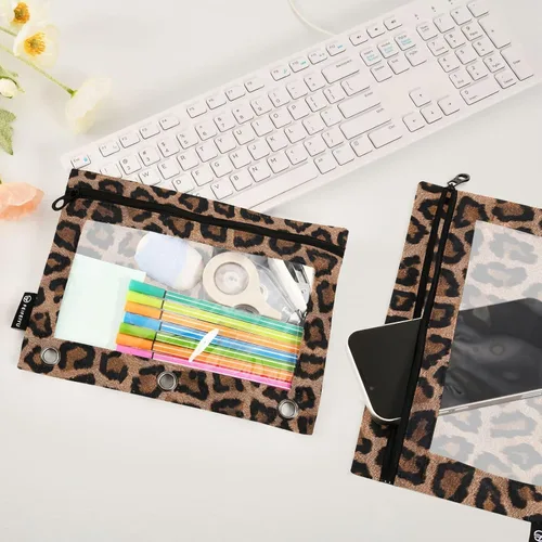 Vista 4 de Estuche para lápices de leopardo negro para carpeta de 3 anillas, bolsa de papelería transparente para organizadores, oficina, suministros diarios
