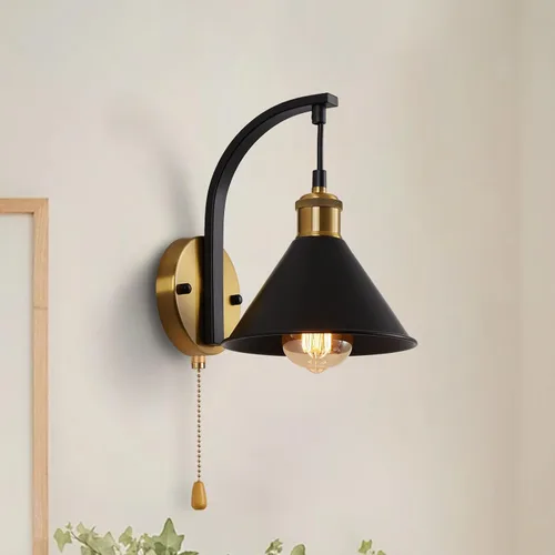 Vista 5 de Lightess Apliques de Pared Industriales con Interruptor de Cordón, Luz de Pared Montada Estilo Granja Negro, Accesorio de Iluminación de Pared