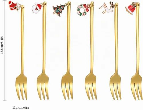 Vista 2 de Juego de cubiertos dorados de Navidad para postre, cubiertos de acero inoxidable, 6 piezas, utensilios de aperitivo con mango de abalorios