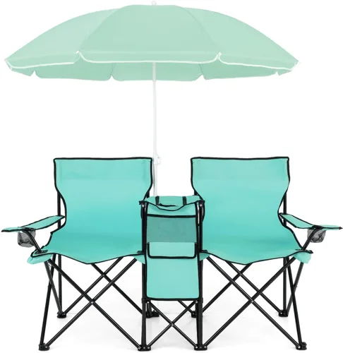 Vista 17 de Goplus Sillas de camping dobles con paraguas, enfriador para patio de playa Negro