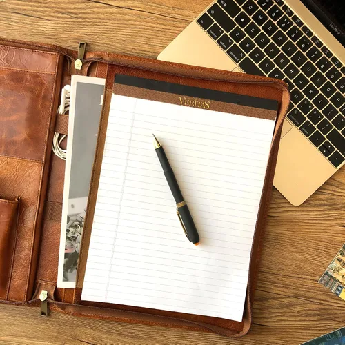 Vista 5 de Cartera de piel auténtica, con cremallera para hombres, carpeta de cuero para bloc de notas tamaño carta, cartera para mujeres, organizador de Cera