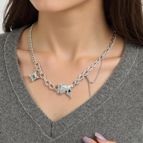 Vista 32 de Y2k - Collar irregular con dije de estrella, piedra de luna, diseño de cadena de moda, joyería de plata picante para mujer